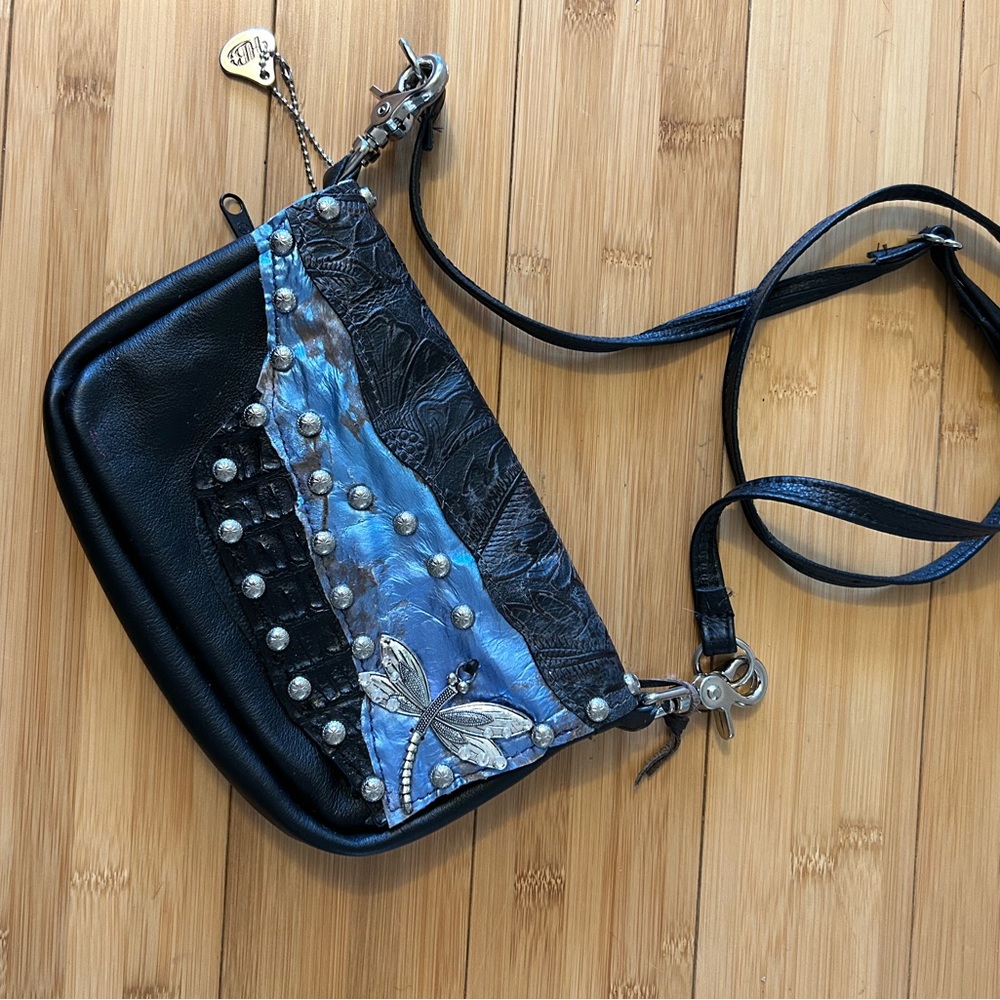 Handmade studded leather Concealed Carry bag with a silver dragonfly